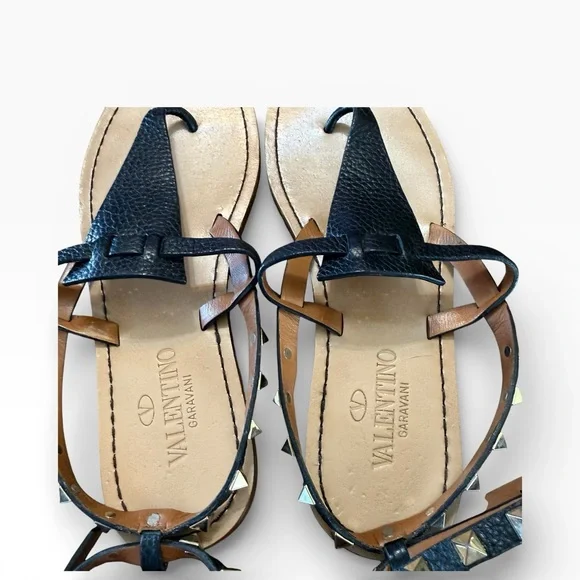 Valentino Rockstud Black Leather Thong Wrap Around Strap Flat Sandal 37.5 US 7.5